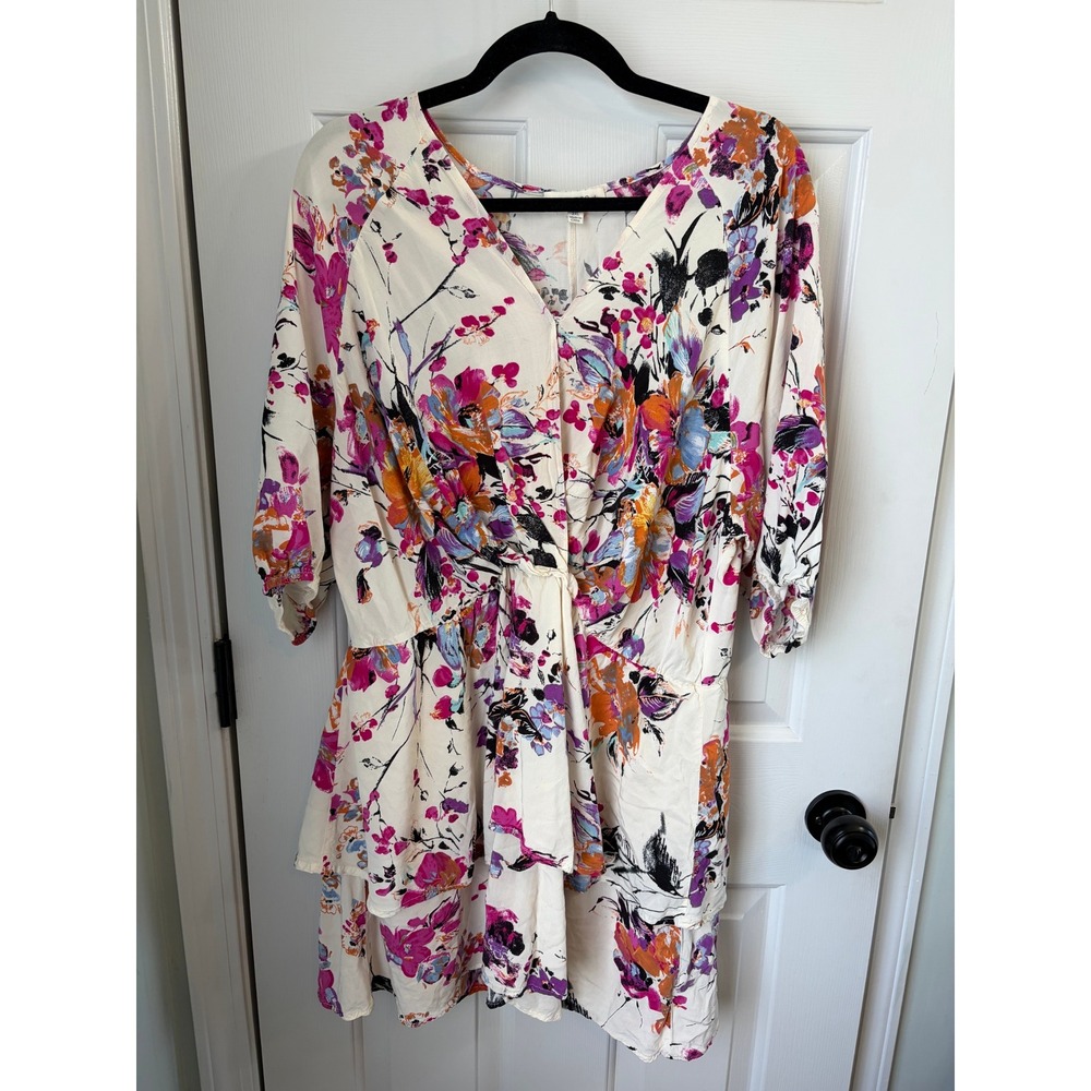 Umgee Plus Floral V-Neck Mini Dress 2XL Cottagecore Ruffle Boho WA6343